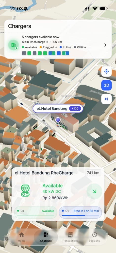 Peta dan status charger di aplikasi RheCharge